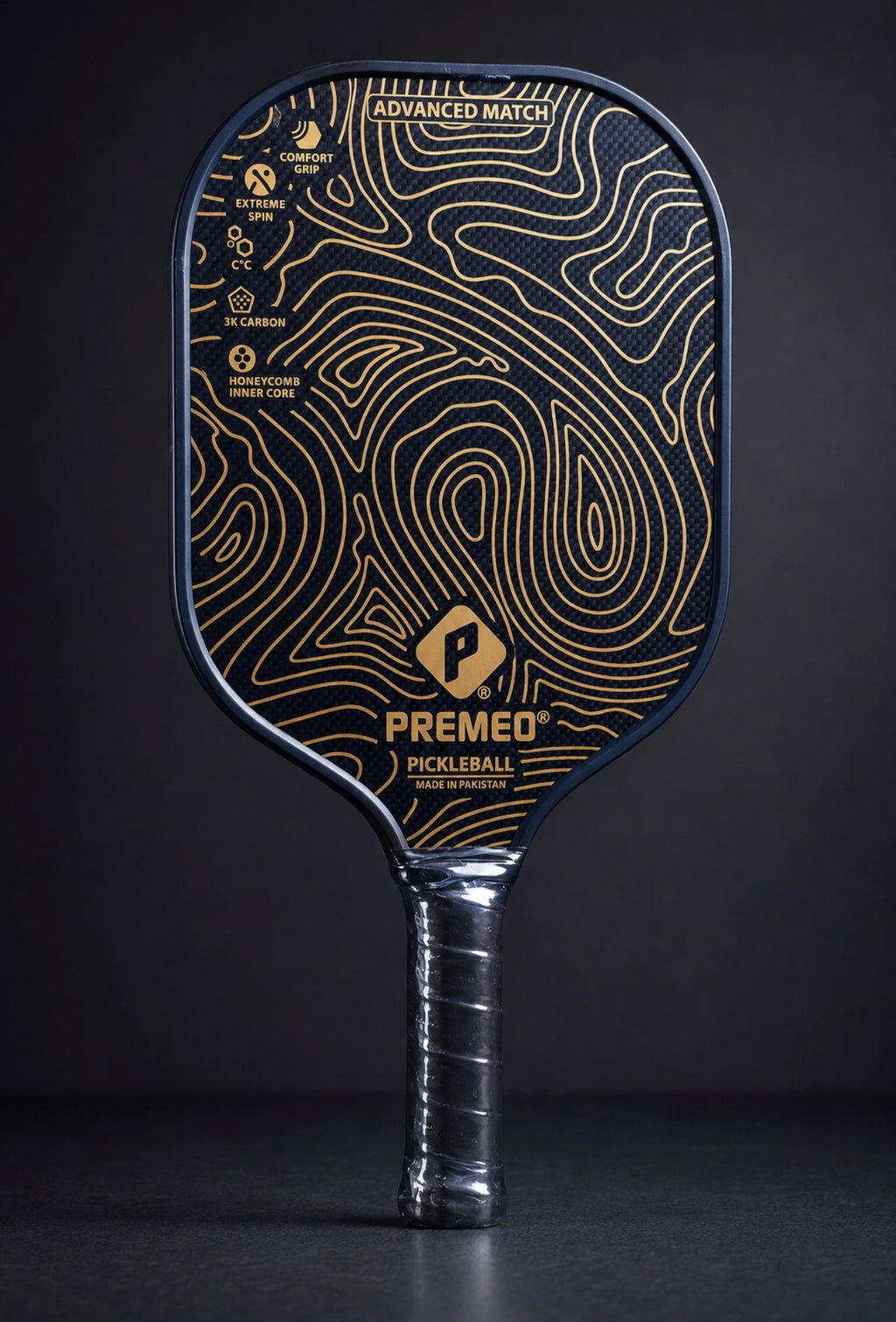 Premeo Advanced Match 3K Carbon Pickleball Racket | Gold | Premium Performance Racket