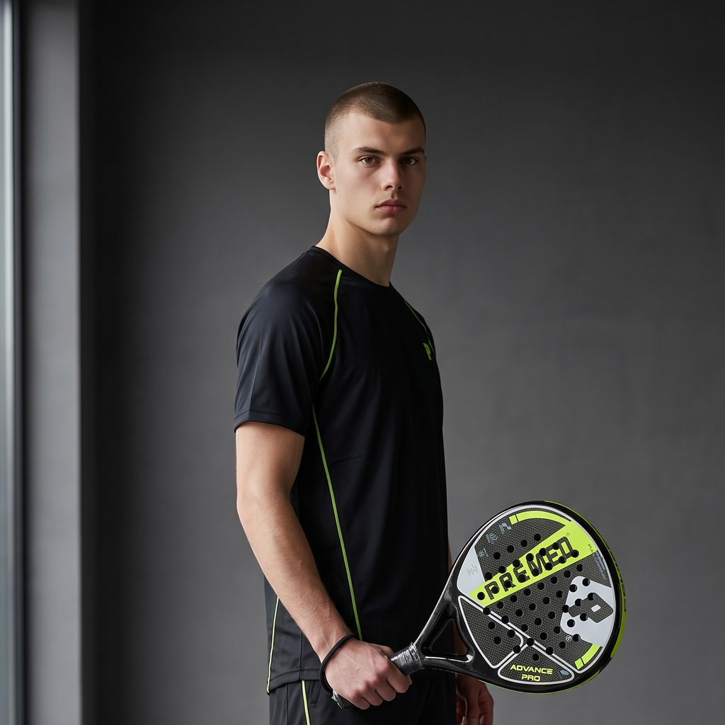 A man wearing a black athletic set with neon yellow-green piping details stands in a studio holding a padel racket. The set includes a short-sleeve t-shirt and matching shorts, with the brand name 'Padel Club' visible on the racket and a small logo on the shorts.