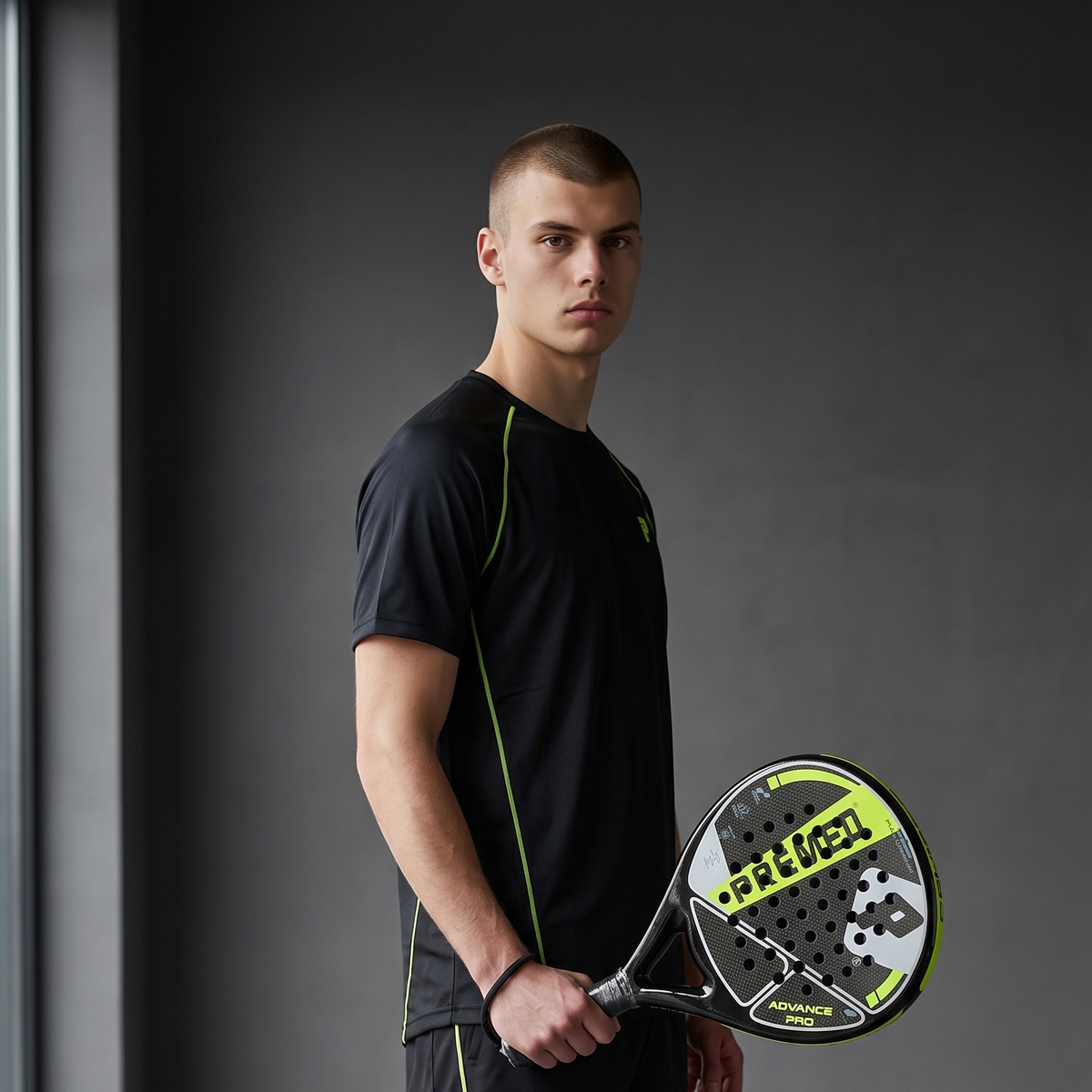 A man wearing a black athletic set with neon yellow-green piping details stands in a studio holding a padel racket. The set includes a short-sleeve t-shirt and matching shorts, with the brand name 'Padel Club' visible on the racket and a small logo on the shorts.